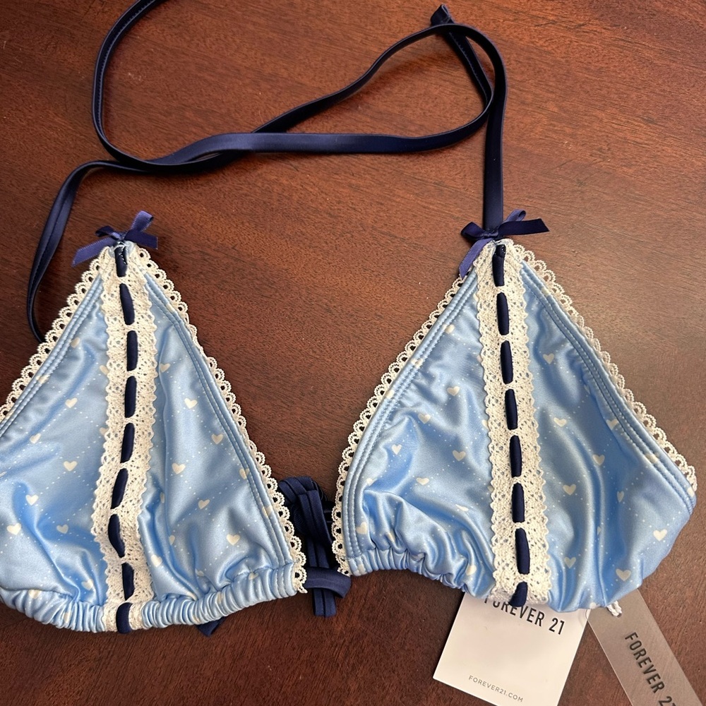 NWT Forever 21 Blue Ribbons Hearts and Bows Bikini Top XL